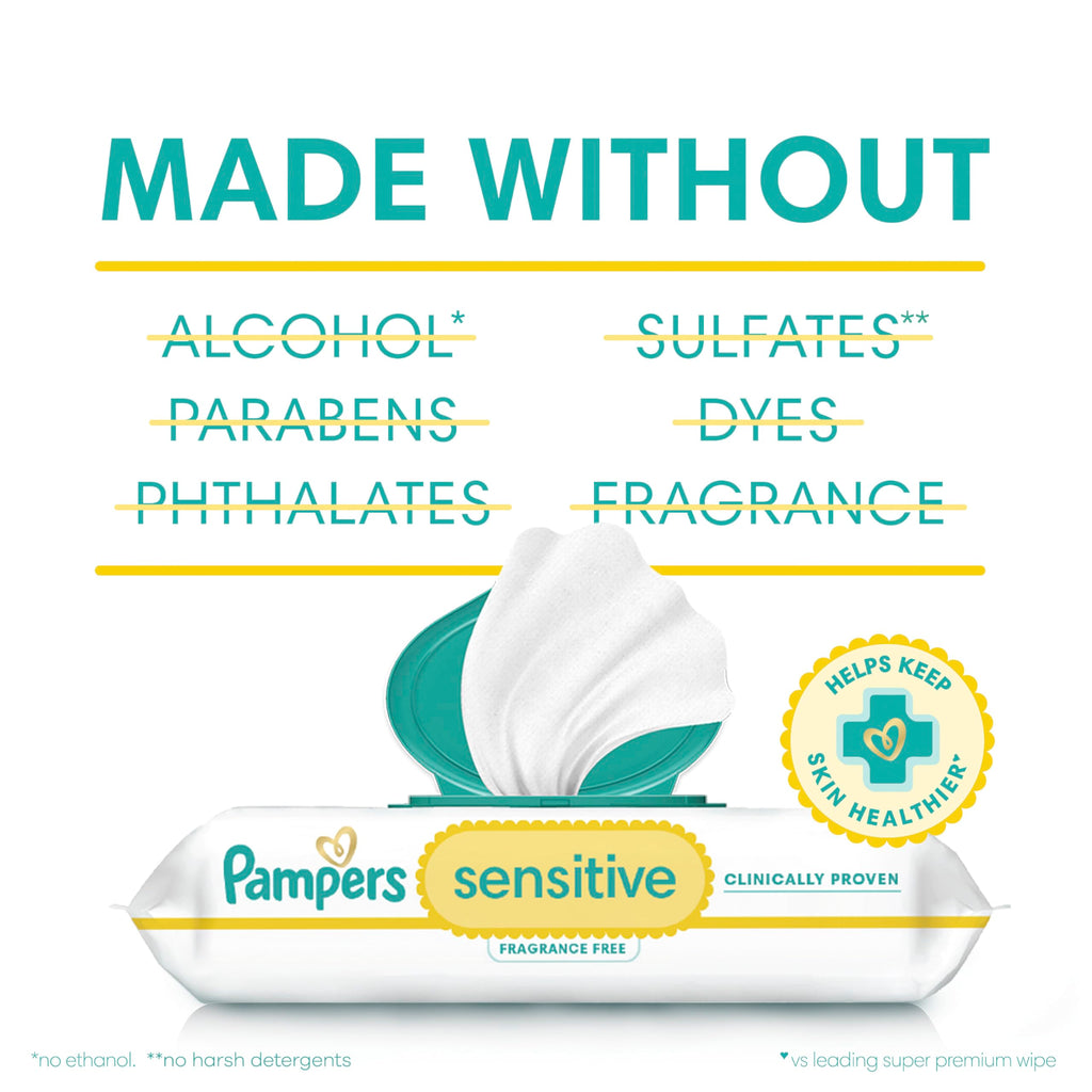 Pampers Sensitive Baby Wipes, Unscented, Fragrance Free, Clinically Proven, Water Based, Hypoallergenic, Multi-Use, Hand Wipes, 1008 Wipes Total (18X Flip-Top Packs)