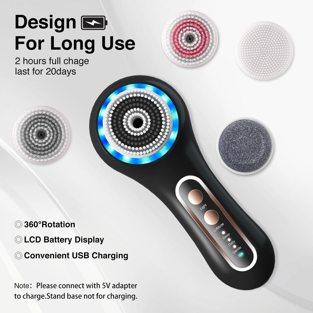 UMICKOO Face Scrubber Exfoliator,Facial Cleansing Brush Rechargeable IPX7 Waterproof with 5 Brush Heads,Electric Face Spin Brush for Exfoliating, Massaging and Deep Cleansing (Black+Gold)