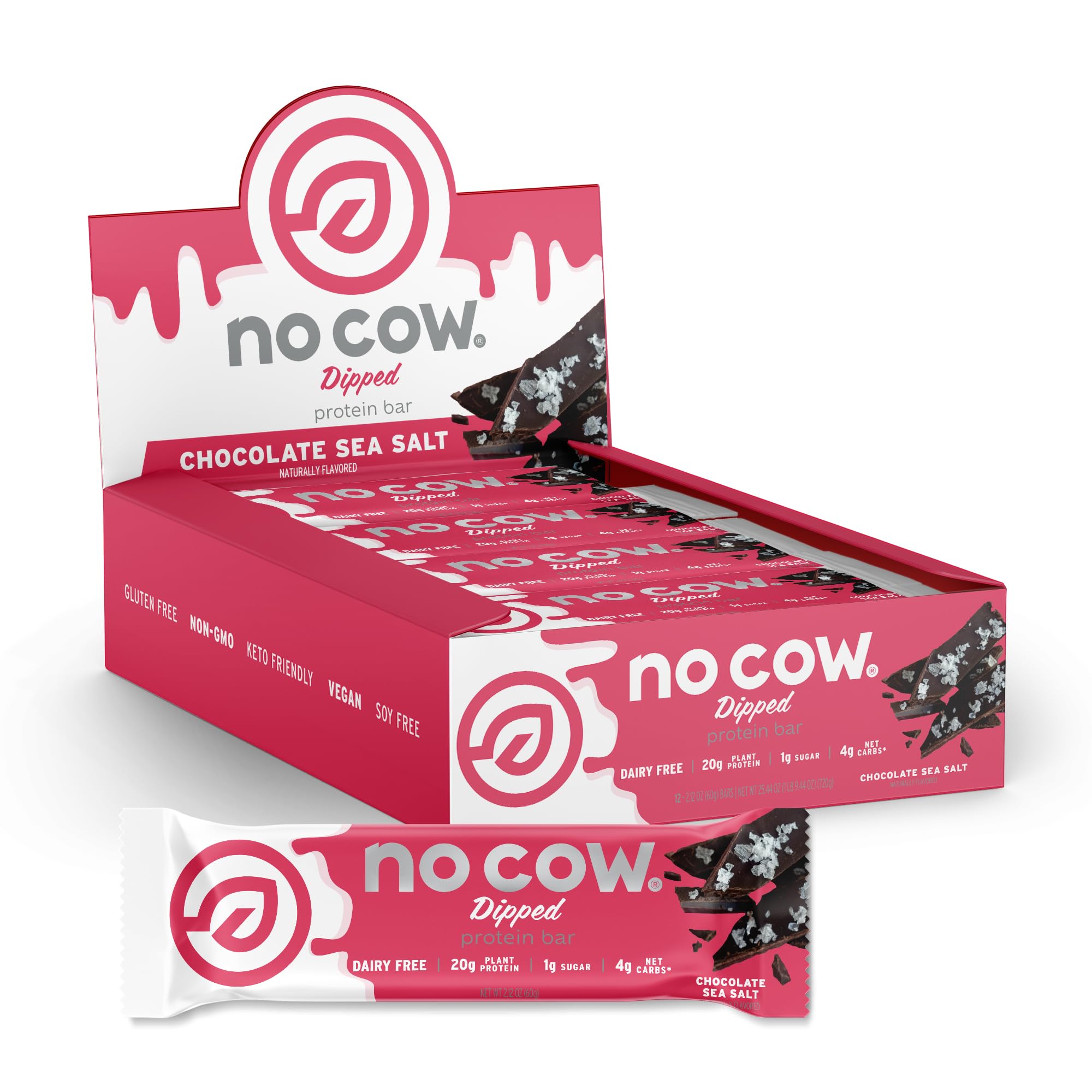 No Cow High Protein Bars, Chocolate Sea Salt - Healthy Snacks, 20g Vegan Protein, High Fiber, Low Sugar, Keto Friendly, Dairy & Gluten Free (12 Count)