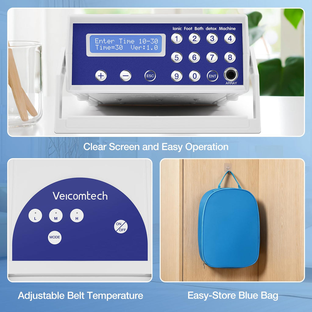 Ionic Detox Foot Bath - Foot Spa, Ionic Foot Bath Detox Machine Chi Cleanse with Tub, Wrist Strap, Far Infrared Waistbelt, 2 Arrays, Blue Bag