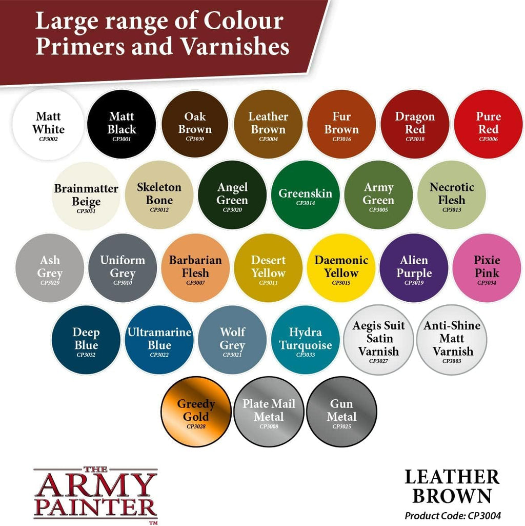 The Army Painter Color Primer, Leather Brown, 400ml, 13.5oz - Acrylic Spray Undercoat for Miniature Painting