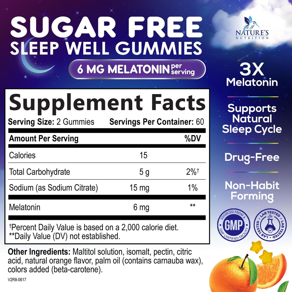 Melatonin Sleep Gummies - 6mg Per Serving - Sugar-Free Sleep Support Melatonin Gummy for Adults - Extra Strength Sleeping Gummy Supplement - Supports Restful Sleep - Tasty Orange Flavor - 120 Gummies