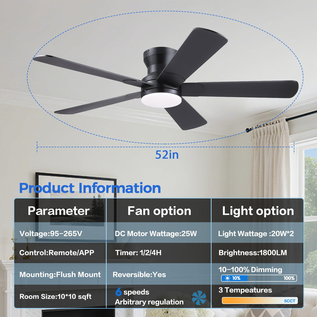Ayaoty 52" Black Ceiling Fans with Lights and Remote - Flush Mount Fan Light with 5 Reversible Blades, 3CCT Dimmable, DC, Low Profile Ceiling Fan for Modern Indoor, Covered Outdoor