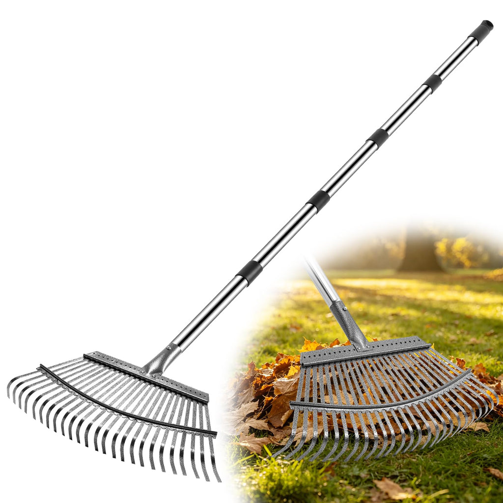 Heavy Duty Garden Rake, Metal Leaf Rake with 73 Inch Adjustable Handle and 25 Tines for Lawn, Yard, Garden Beds, Leaves, Debris and Shrubs