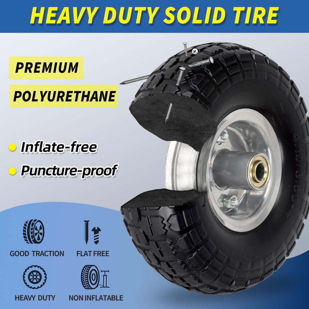 GICOOL 4.10/3.50-4" Flat Free Tire and Wheel, 10" Heavy Duty Solid Tire, 5/8" Axle Bore Hole, 2.2" Offset Hub, for Hand Truck Garden Cart Wagon Trolley Dolly, 2 Pack