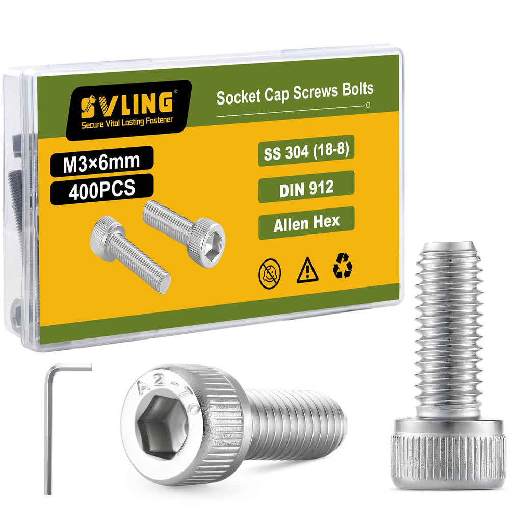 SVLING M3-0.5 x 6mm Bolt, 400PCS M3 Hex Socket Head Cap Screws Bolts, 304 Stainless Steel 18-8, Full Threads, with Hex Spanner