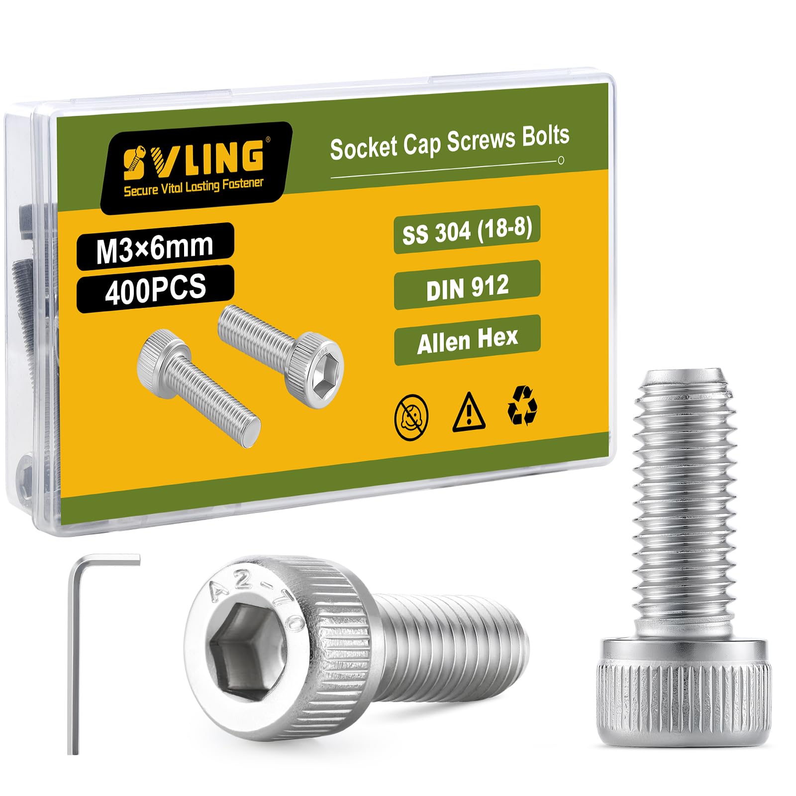 SVLING M3-0.5 x 6mm Bolt, 400PCS M3 Hex Socket Head Cap Screws Bolts, 304 Stainless Steel 18-8, Full Threads, with Hex Spanner