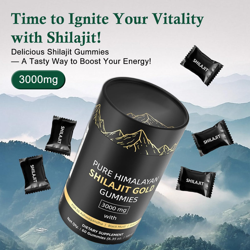 Shilajit Gummies for Men and Women, Himalayan Shilajit Gummies, 100% Natural Gold Grade Shilajit Riched with Ashwagandha Fulvic Acid & 85+ Trace Minerals, No Added Sugar, Vegan, Non-GMO - 60 Gummies