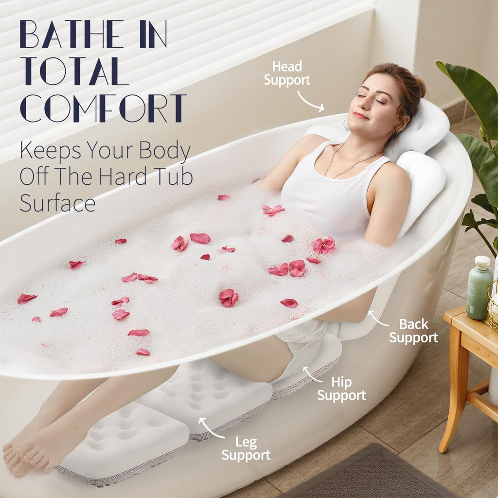Full Body Bath Pillow for Bathtub, Thick Bath Cushion with Laundry Bag and 160 Silicone Suction Cups, Luxury Tub Padding Support for Head Back Butt Legs White 51" x 16"