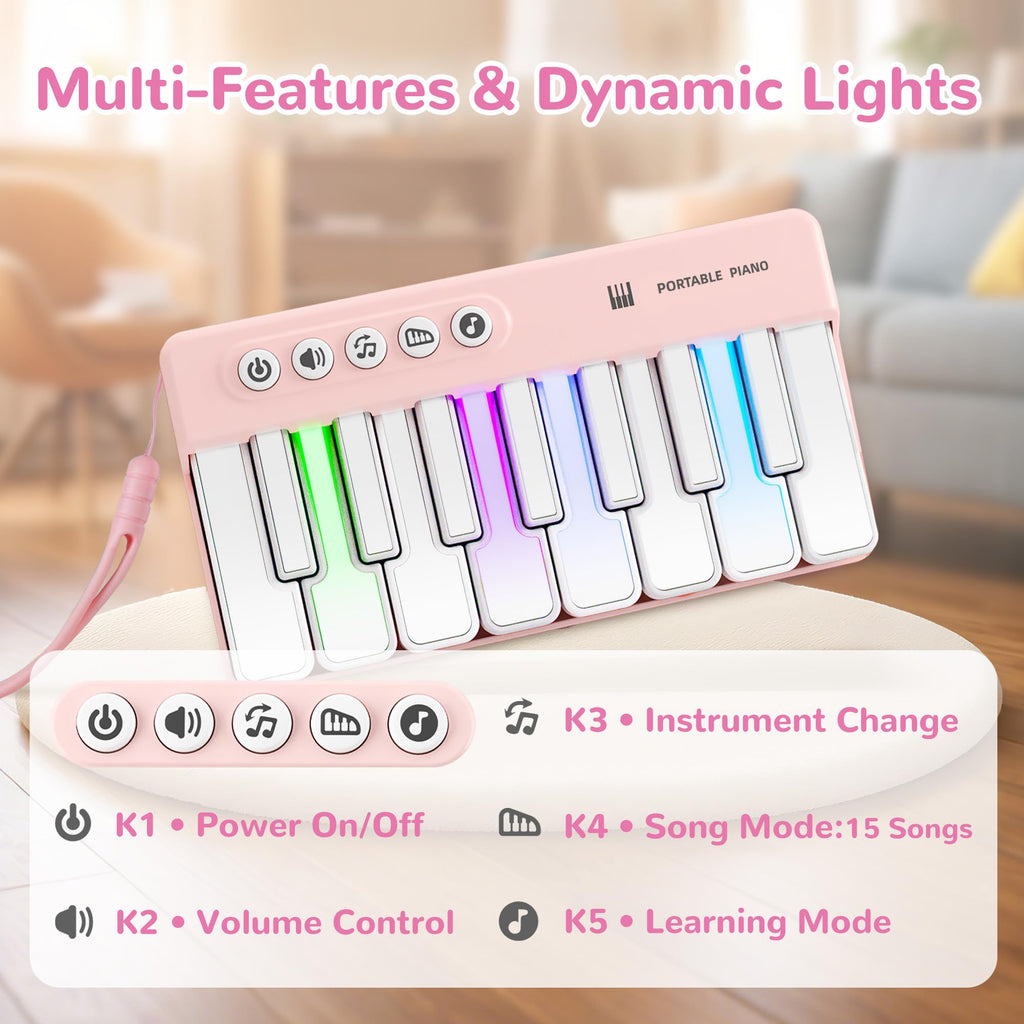 iPlay, iLearn Kids Mini Piano Toy W/Rainbow Lights, Toddler Pocket Travel Piano Keyboard for 1-3, Portable Musical Instrument Toys, Music Interactive Birthday Gift 2 4 5 6 Year Old Boy Girl Child-Pink