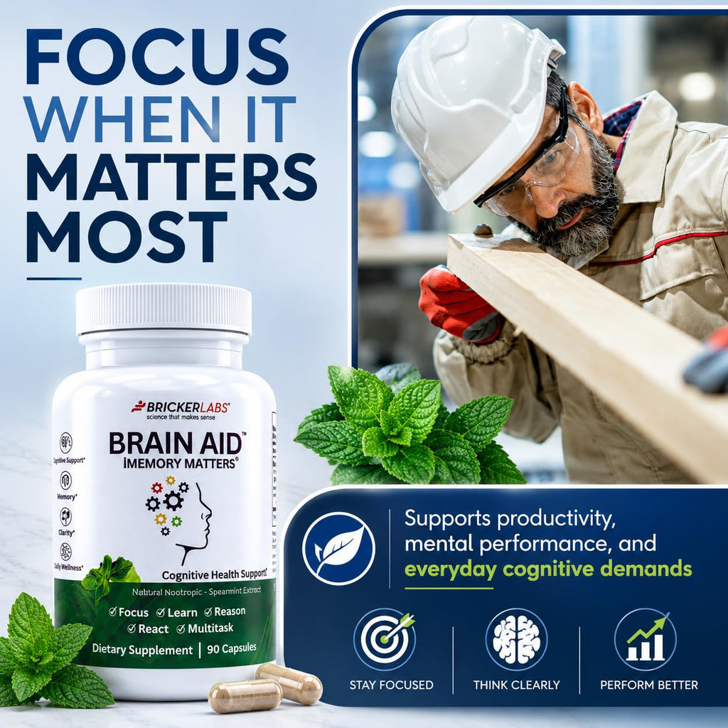 Bricker Labs Brain Aid Memory Matters – Nootropic Brain Supplement with Neumentix Spearmint Extract, Supports Memory, Focus, Mental Clarity & Cognitive Performance, Non-Stimulant Brain Health Support