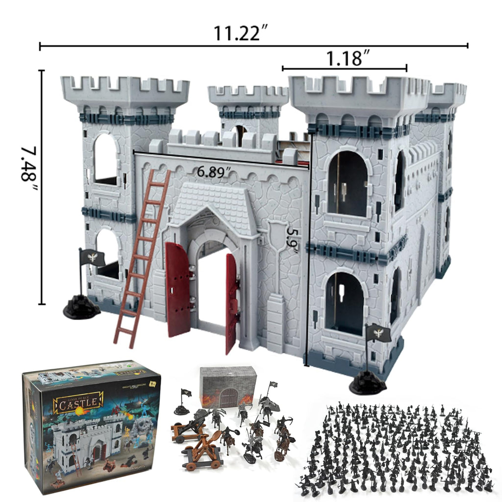 Plustopoy Medieval Castle Knight Toy Soldier Army Figurines, DIY Assembled Cavalry, Arrow Tower,8 Knights and 8 Horse, 36 Soldiers, Simulated Siege War of Attack Castle Toy for Boys