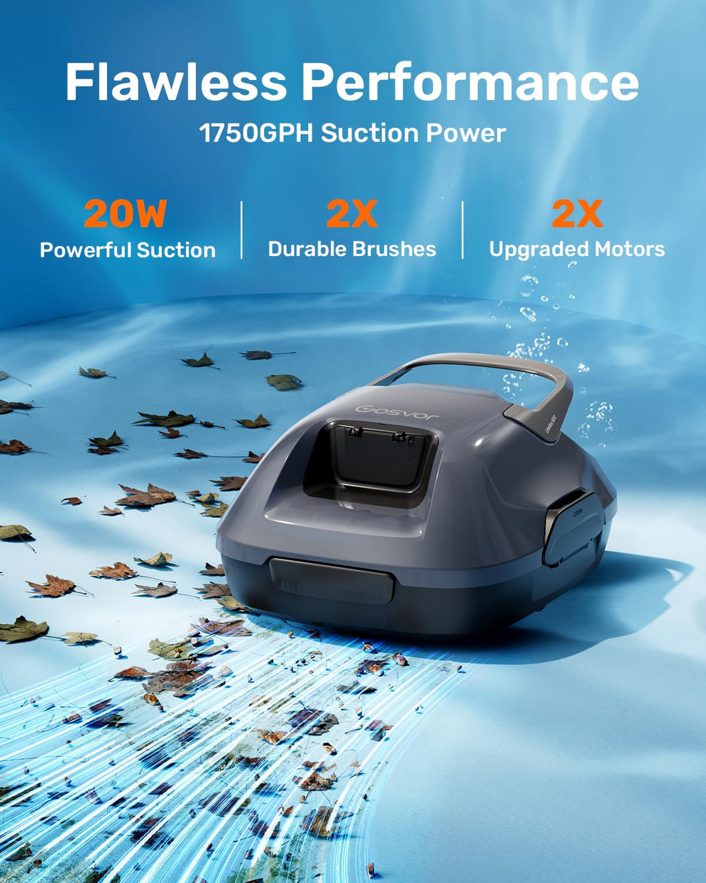 Gosvor Cordless Robotic Pool Cleaner, Efficient Pool Vacuum, 90 Min Runtime, Self-Parking, 7.5 lbs Lightweight, Suitable for Above Ground Pools up to 860 sq.ft, Gray