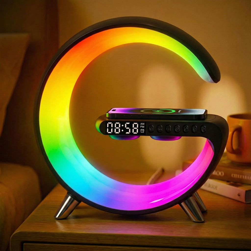 Hirsionsan Smart LED Table Lamp for Bedroom with Wireless Charging Bluetooth Speaker, App Controlled Night Light for Kids, Christmas Birthday Gifts for Teens Adults Desk Office Bedroom Decor (Black