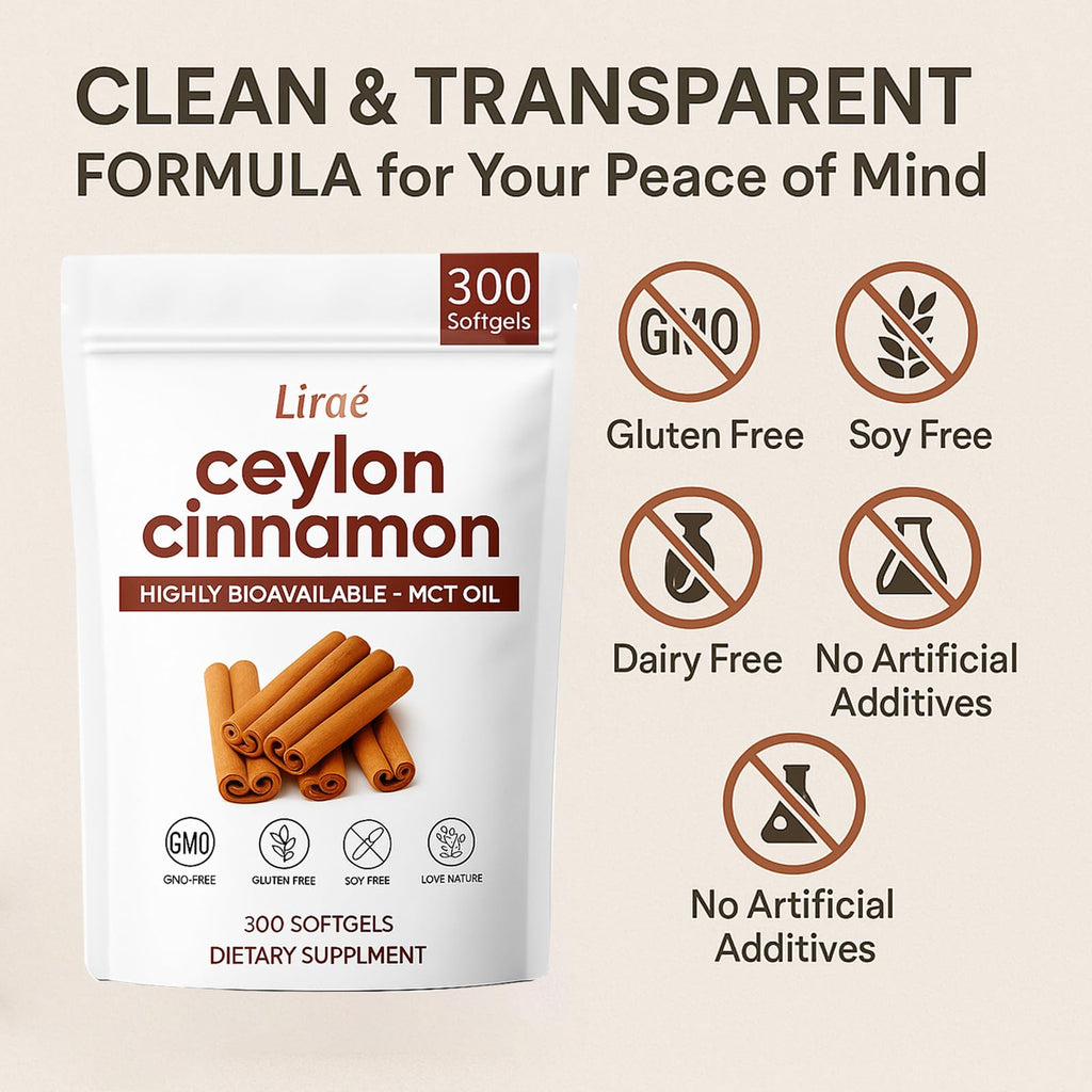 LIRAE Ceylon Cinnamon - 300 Softgels 7200mg Equivalent with MCT Oil – Highly Bioavailable Herbal Supplement Made with True Ceylon Cinnamon – Non-GMO, Gluten Free – Gentle Daily Support (1)