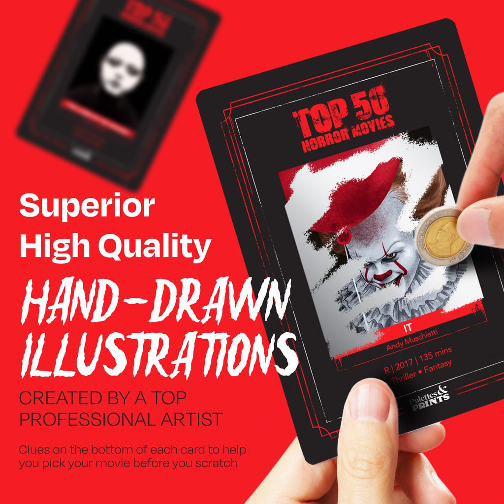 Top 50 Horror Movies Scratch Off Cards. Gifts for Movie Night Halloween