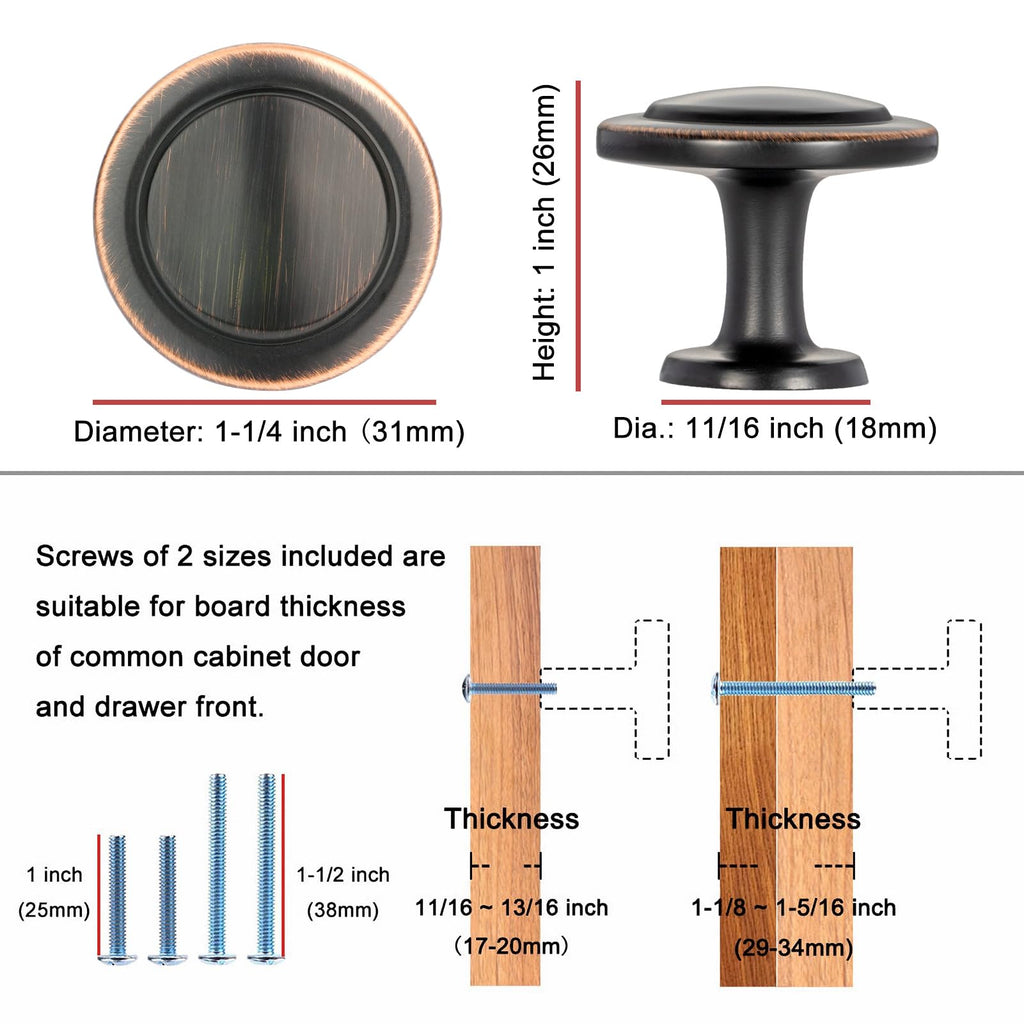 KOOFIZO Round Cabinet Knobs Oil Rubbed Bronze Cabinet Pulls, Dia. 1-1/4 Inch, 10 Pack Bronze Drawer Knobs for Kitchen Cabinets 1960 Drawers Dresser Cupboard Bedroom Bathroom