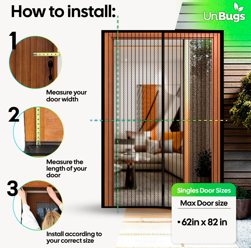 UnBugs Magnetic Screen Door - Fits French Door & Double Doors up to 50 x 82 Inches MAX - Pet & Kid Friendly, Self-Closing - Hands Free Magnet Closure Keeps Bugs Out & Breeze in
