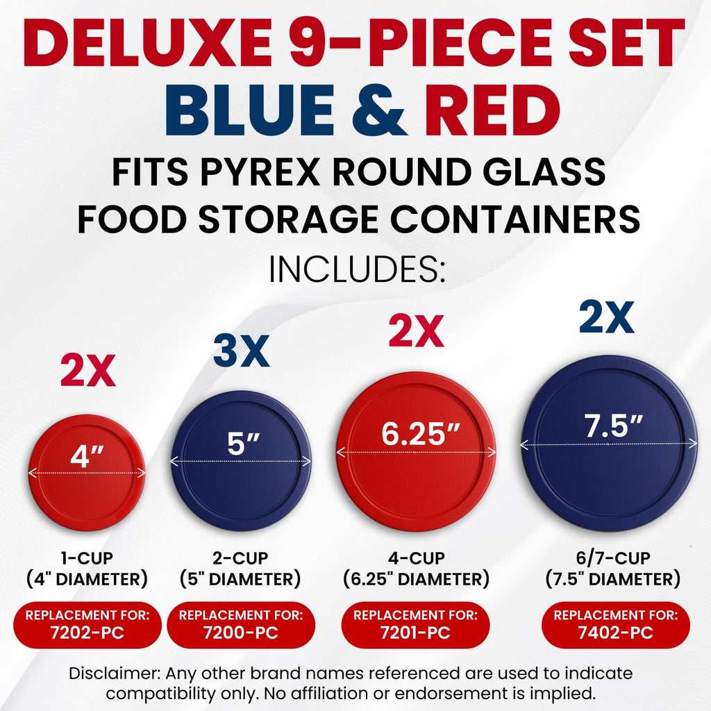 Replacement Lids for Pyrex Glass Food Storage Containers Round (2) for 7202-PC 1 Cup (3) for 7200-PC 2 Cup (2) for 7201-PC 4 Cup (2) for 7402-PC 6/7 Cup Red Blue