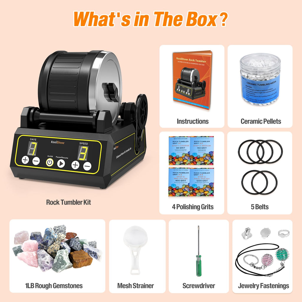 C1 Rock Tumbler Kit - Professional Large 2.5LB Capacity, Up to 5X More Noise Cancelling, Adjustable Timer & Speed with Full Accessories & Memory Function, Ideal for Adults Kids