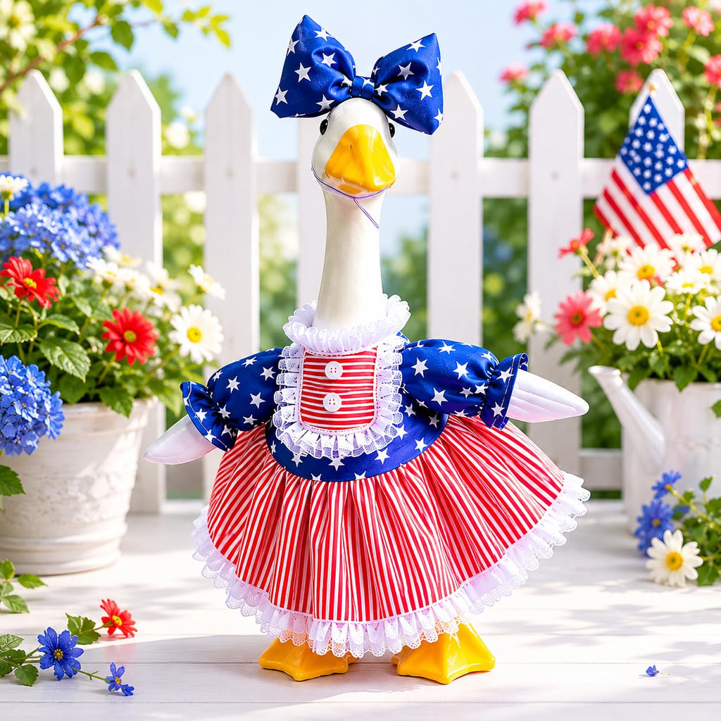 Mysense 4th of July Porch Goose Outfit for 23 Inch Goose Statue, Patriotic Red White Blue Goose Clothes with Bow for Outdoor Garden Patio Decor, USA 250th Anniversary Merchandise
