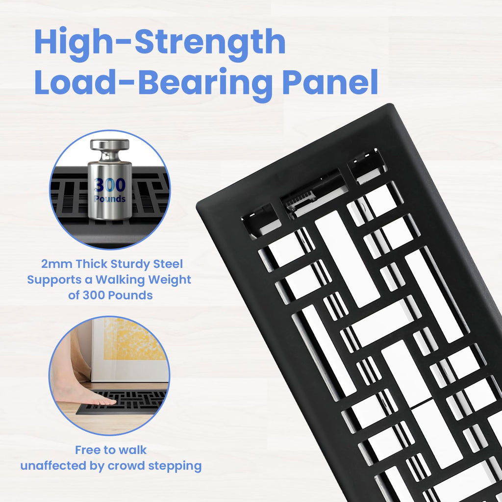 Howeall 4x12 Inches Heavy Duty Walkable Floor Register Easy Adjust Air Supply Lever Floor Vents - Seattle Design - Vent Cover for Home Floor - Matte Black