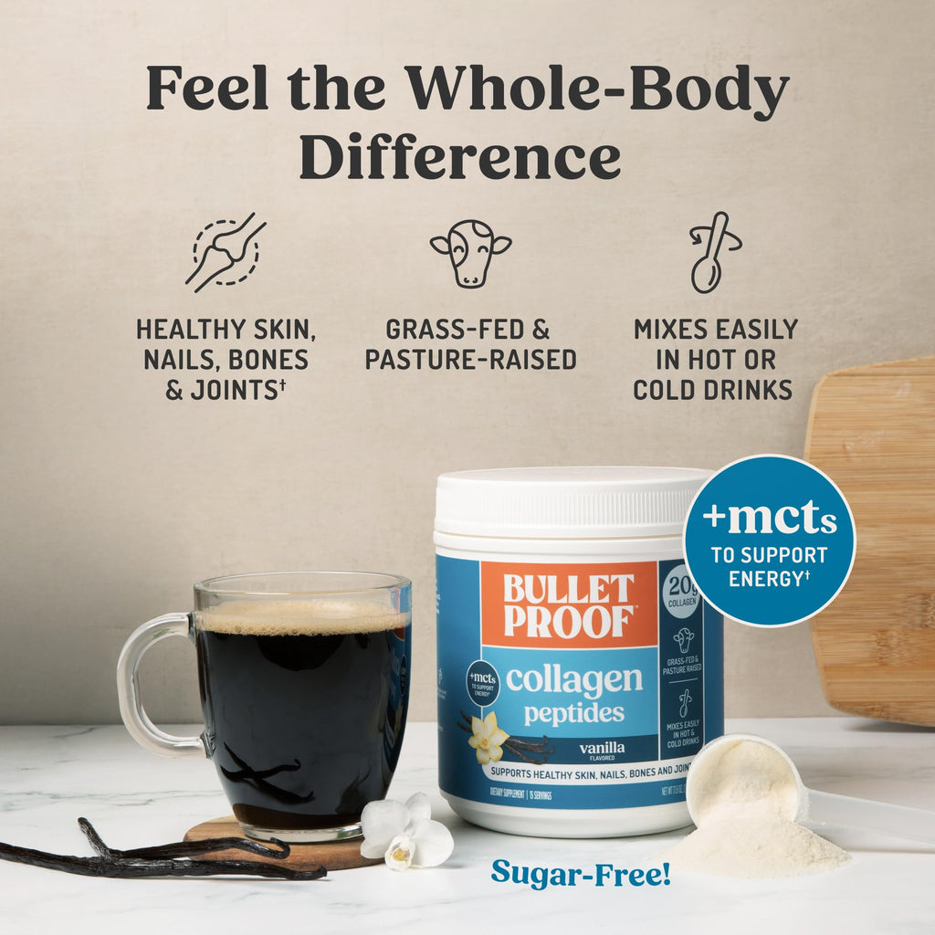 Bulletproof Vanilla Collagen Peptides Powder with MCT Oil, 17.6 Ounces, Grass-Fed Collagen Protein for Skin, Bones and Joints
