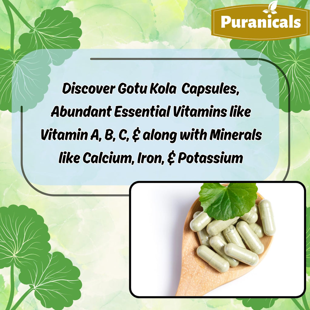 Puranicals Gotu Kola Premium 320 Capsules Non GMO and Gluten Free | Herbal Supplement | 600 mg Per Serving | Made with 100% Pure Gotu Kola Powder