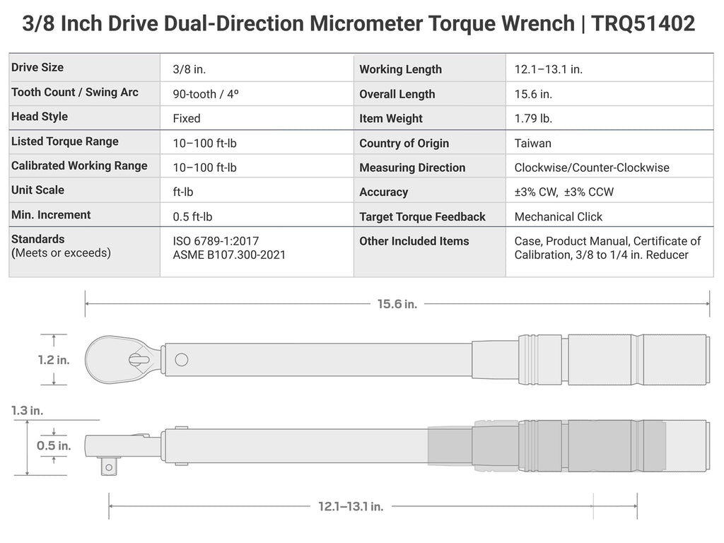 TEKTON 3/8 Inch Drive Micrometer Torque Wrench | TRQ51402