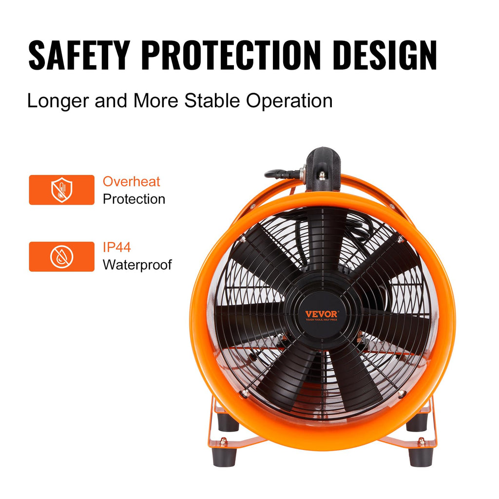 VEVOR Air Mover Blower Fan 10 Inch, 1893CFM 380W with 16.4ft Flexible Duct, Industrial Portable Ventilator Blower/Exhaust, Orange