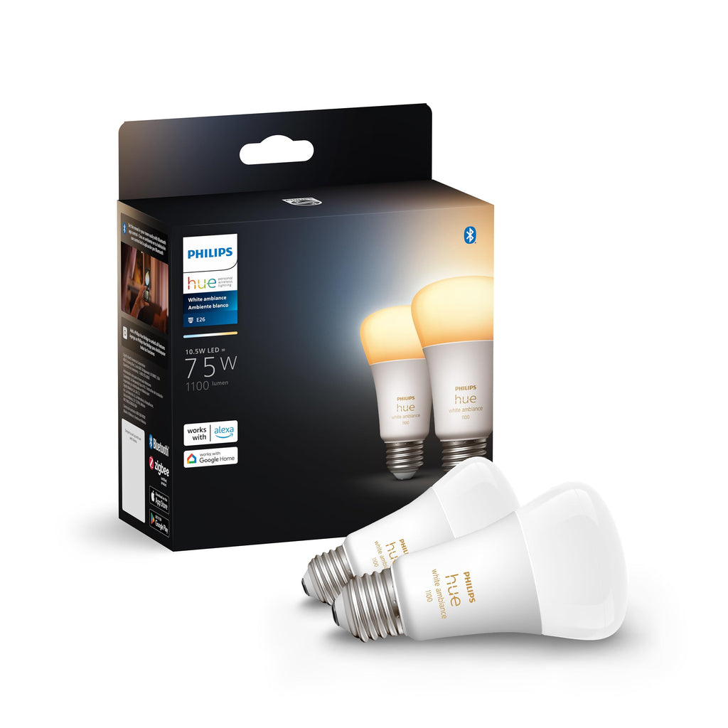 Philips Hue A19 LED Smart Light Bulbs - Flicker-Free 75w Light Bulbs - Control with Hue App - Compatible with Alexa, Google Assistant, and Apple HomeKit - E26 Base - 2 Pack