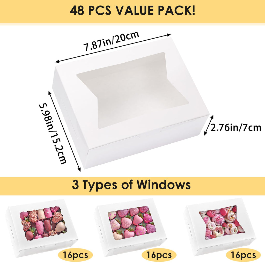 Moretoes 48pcs Cookie Boxes with Window, 8x6x2.5 Inch 3 Style Pastry Boxes for Treat, Chocolate Covered Strawberries, Candy, Muffins, Donuts