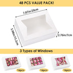 Moretoes 48pcs Cookie Boxes with Window, 8x6x2.5 Inch 3 Style Pastry Boxes for Treat, Chocolate Covered Strawberries, Candy, Muffins, Donuts