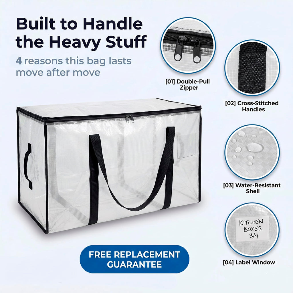 ClearSpace Heavy Duty Moving Bags - Water Resistant Storage Bags with Backpack Straps, Zippers and Handles - Large Moving Boxes for College Dorm, Travel, Closet Organization - 6 Pack, Clear