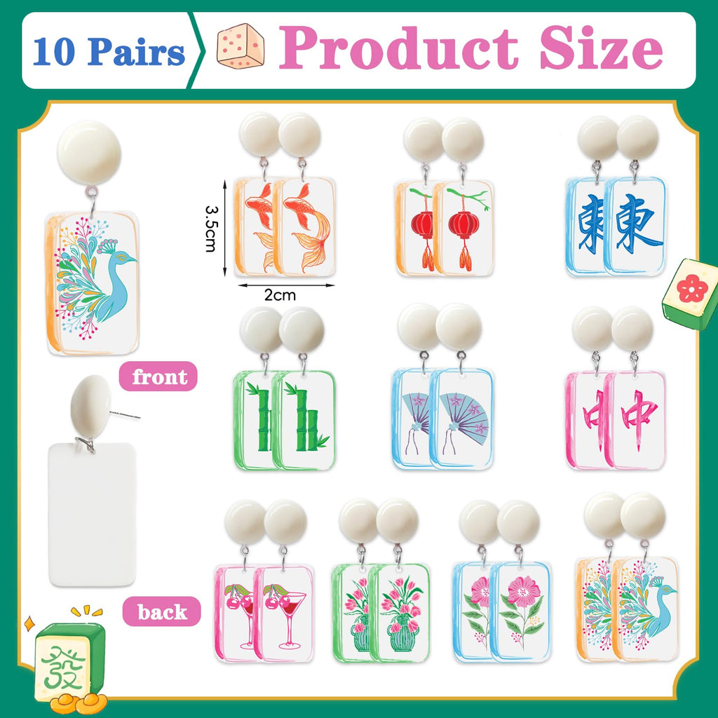 20 Pcs Mahjong Earrings 10 Set Women Funny Acrylic Mahjong Tile Dangle Earrings Creative Geometric Jewelry Lucky Mah Jongg Gifts for Women Friendship Accessories