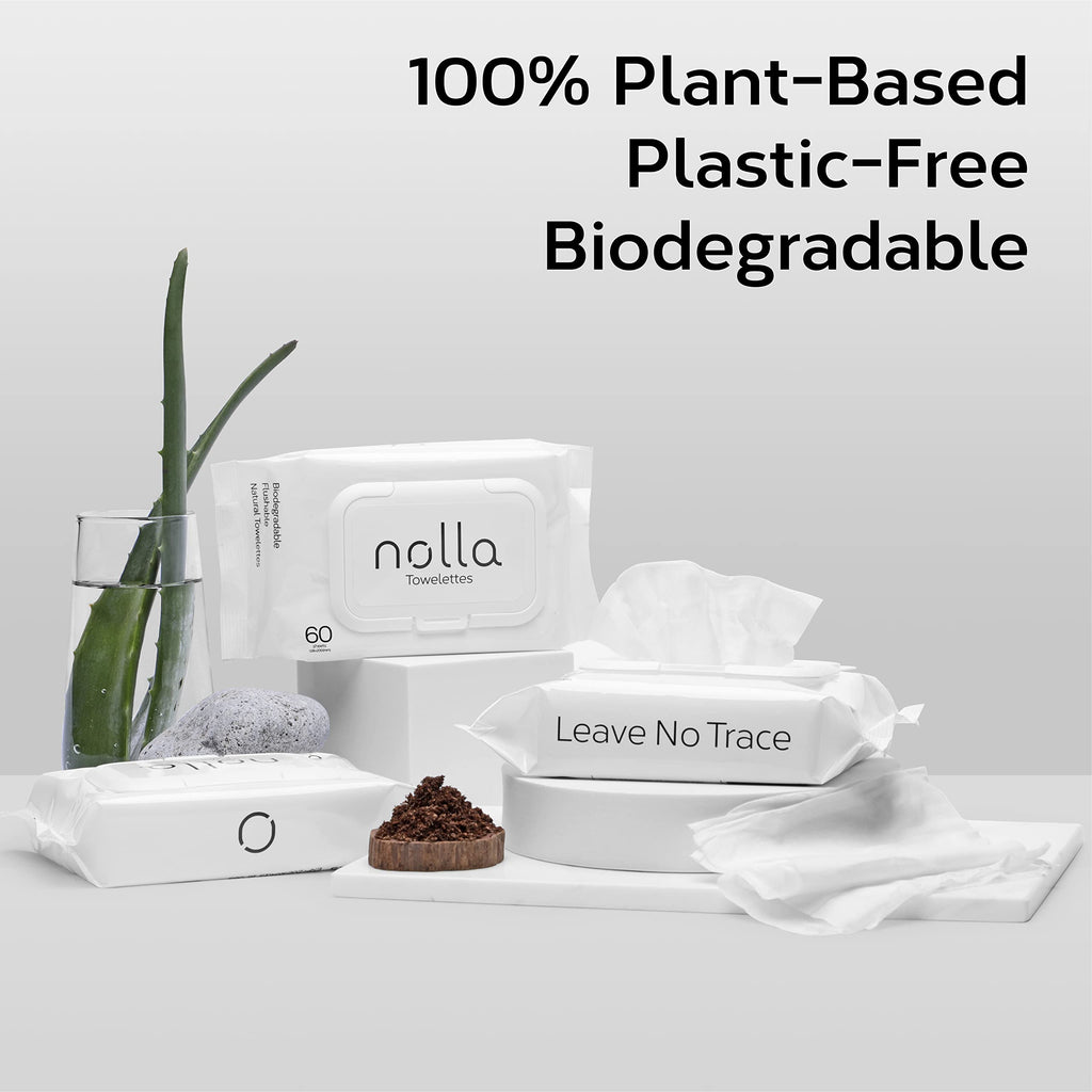 Nolla Flushable Wipes Bulk Pack - 100% Plant-Based and Biodegradable - Soft, Unscented + Soothing Aloe and Vitamin E - For Adults and Kids 2,400 Count (40 Packs of 60)