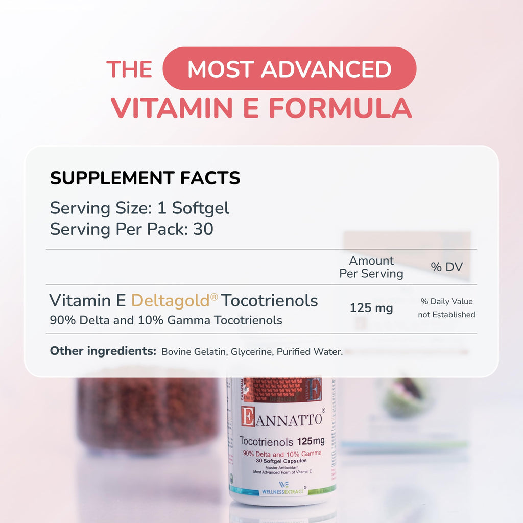 WELLNESS EXTRACT Eannatto Tocotrienols Vitamin E Supplements Tocopherol Free, Non-GMO, Gluten Free & Antioxidant (125MG 30 Softgels)