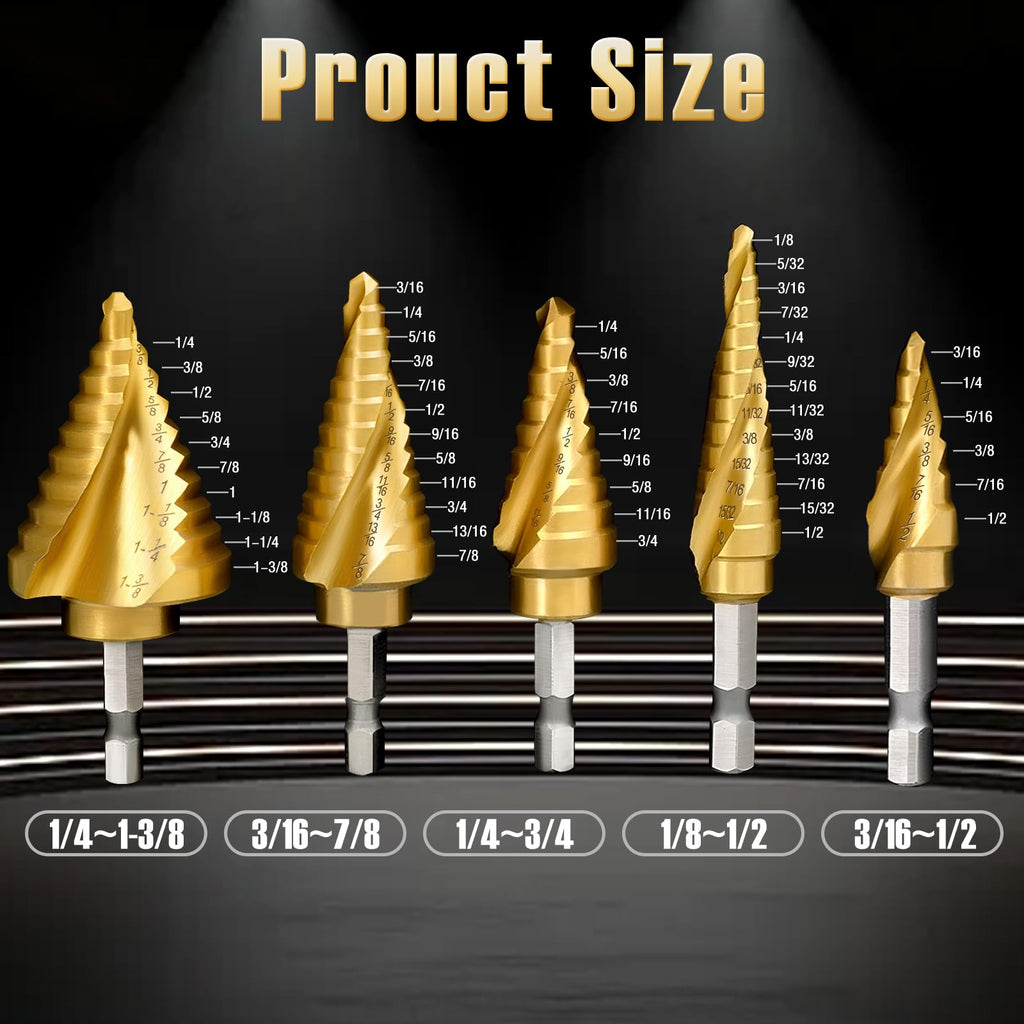 5PCS Titanium Step Drill Bit - 4241 HSS Step Bit with Two Spiral Grooved, 50 Sizes from 3/16" to 1-3/8", Steps Bits for Metal, Aluminum, Wood & Plastic, for Electricians & DIY