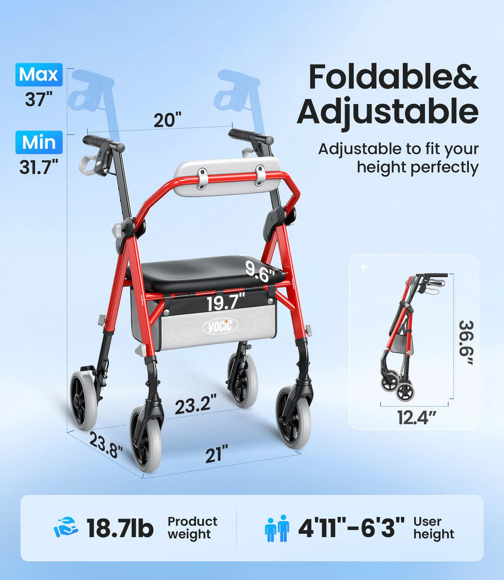Walkers for Seniors, Z11 Rollator Walker with Seat, Max 380 lbs, Avant Walkers with Ergo Seat & Backrest, Foldable Rollator Adjustable Height, All Terrain Walker, Lightweight