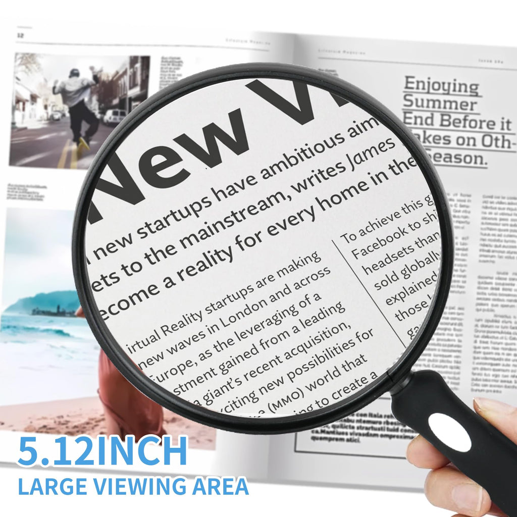 10X Large Magnifying Glass for Reading, Upgraded Handheld Magnifier with 5.12inch Anti-Glare Lens, Non-Slip Handle for Close Work, Seniors Reading, Kids Nature Exploration, Hobby Observation