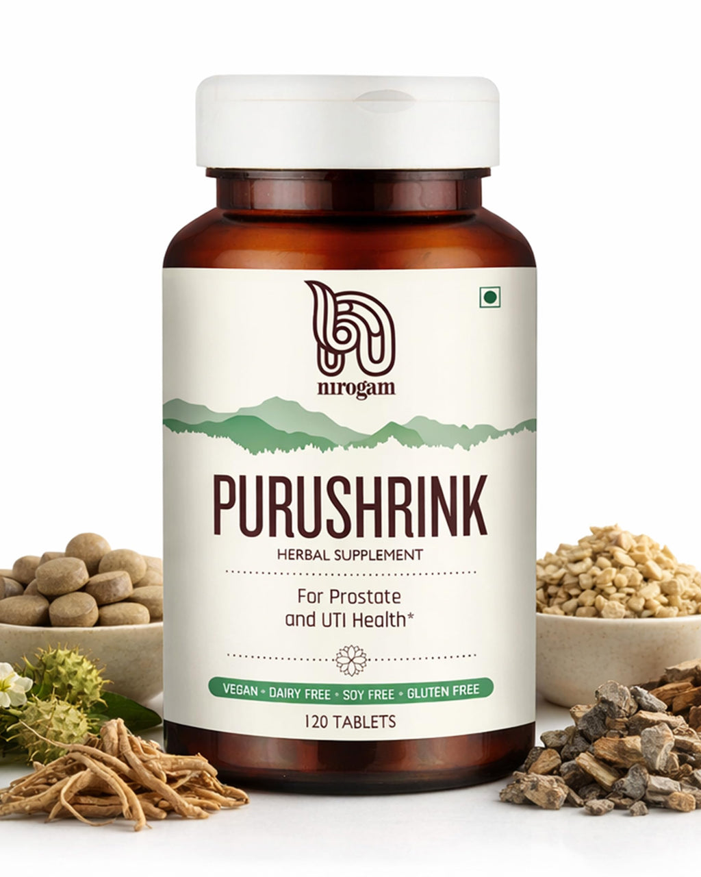 Nirogam Purushrink - BPH Prostate Supplement for Men, Supports Better Sleep & Urinary Health - Natural Ayurvedic Herbal Supplement 120 Tablets - Vegan, Dairy Free, Gluten Free