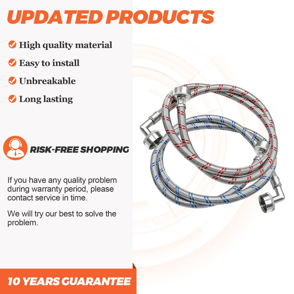 6FT Washer Stainless Steel Hoses with 90 Degree Elbows by Beaquicy - Burst Proof 3/4" FHT Standard Thread - 2 Pack Red and Blue Braided Hoses for Hot and Cold Water Supply - 10 Year Warranty