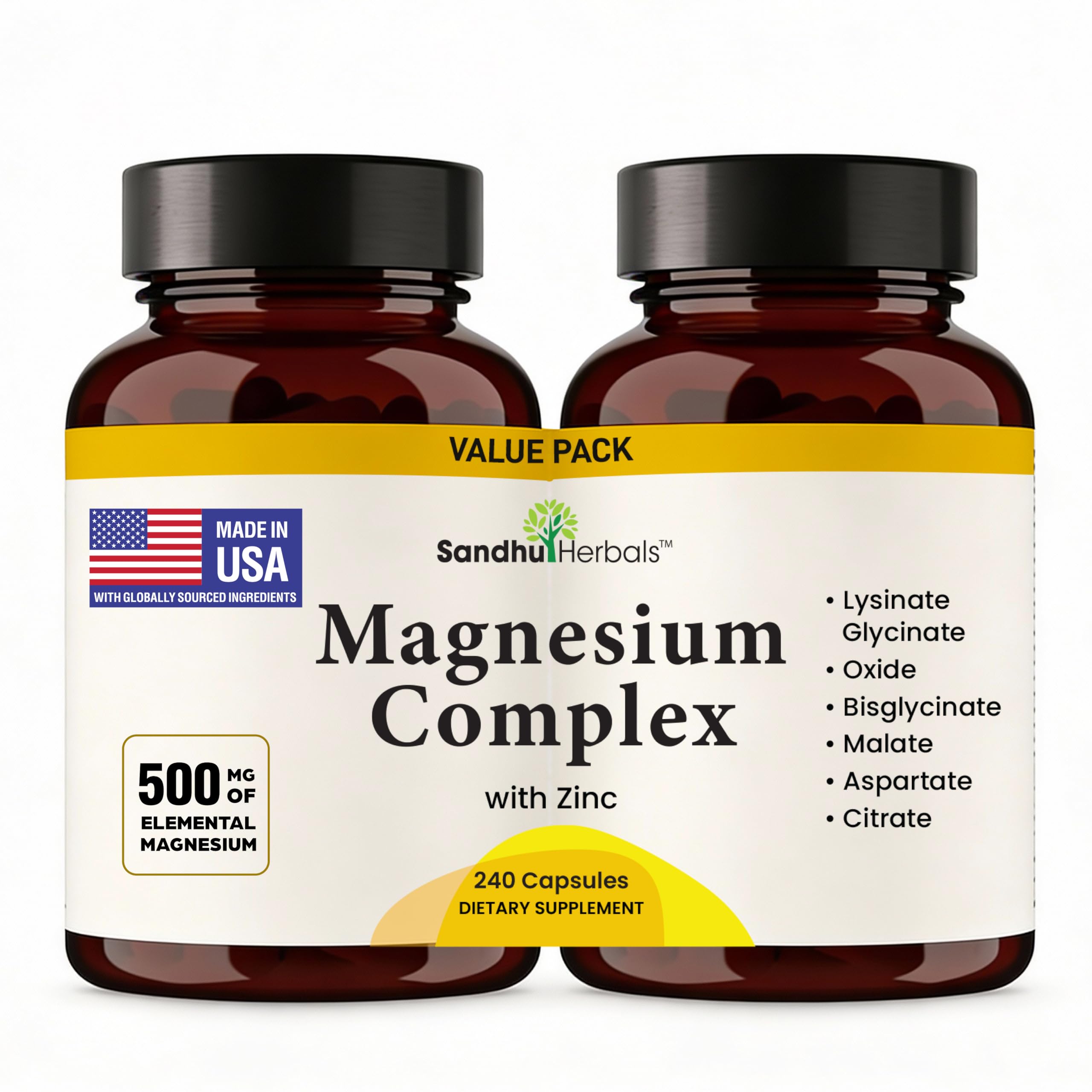 Complete Magnesium Complex 500mg for Women & Men | 240 Capsules | 6 in 1 Mag Supplement with Zinc | Quality Sleep & Muscle Health | Glycinate, Citrate, Malate, Oxide, Aspartate, Lysinate Glycinate
