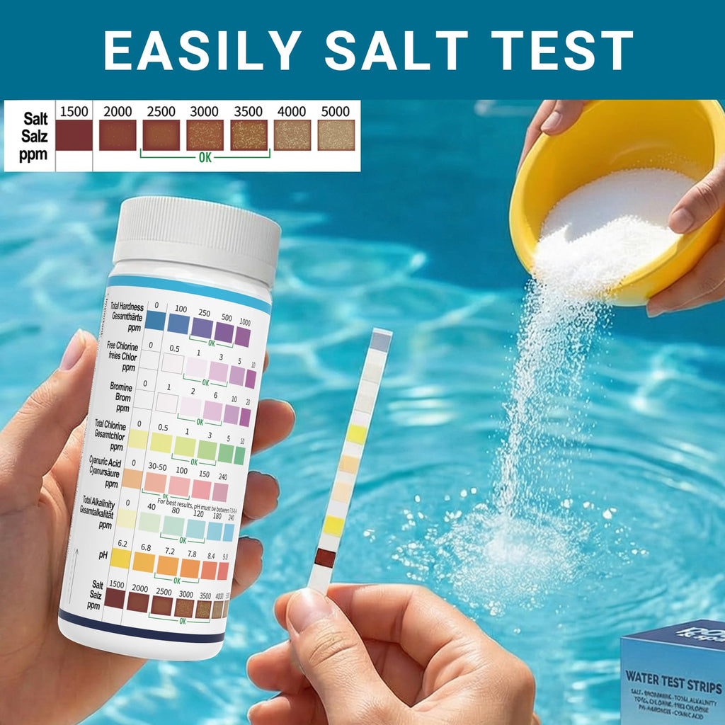 AKSBTEC 2026 Salt Water 8-in-1 Pool Test Strips Kit | 150 Strips Pool Salt Test Strips | Salt Water Pool Testing Kit for Pools, Hot Tubs & Spas Quick Accurate Tests Salt, Chlorine, pH, Cyanuric Acid
