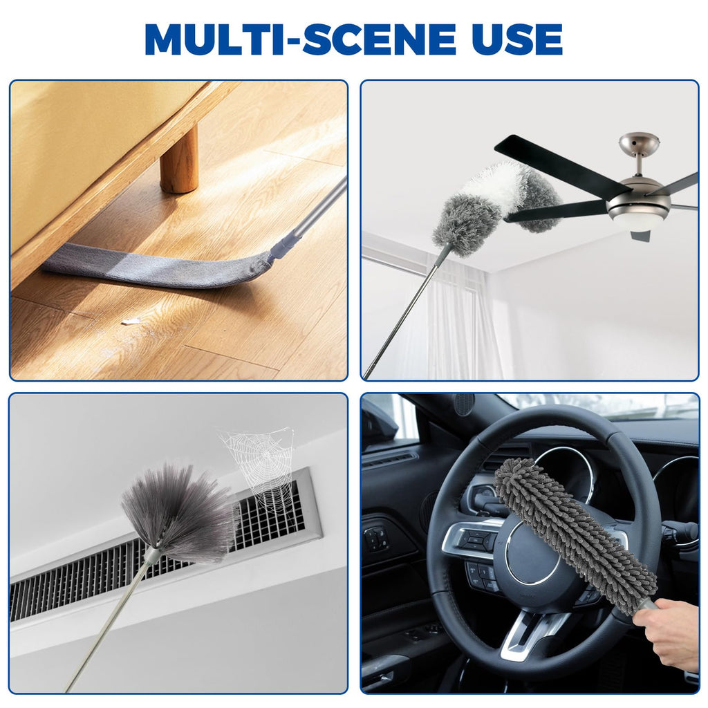 9Pcs Dusters for Cleaning Kit, Extendable Microfiber Duster Tools with 100" Long Pole, Retractable Gap Bendable Dust Cleaner, Reusable Washable Cleaning Supplie for Ceiling Fan Furniture Cars and Home