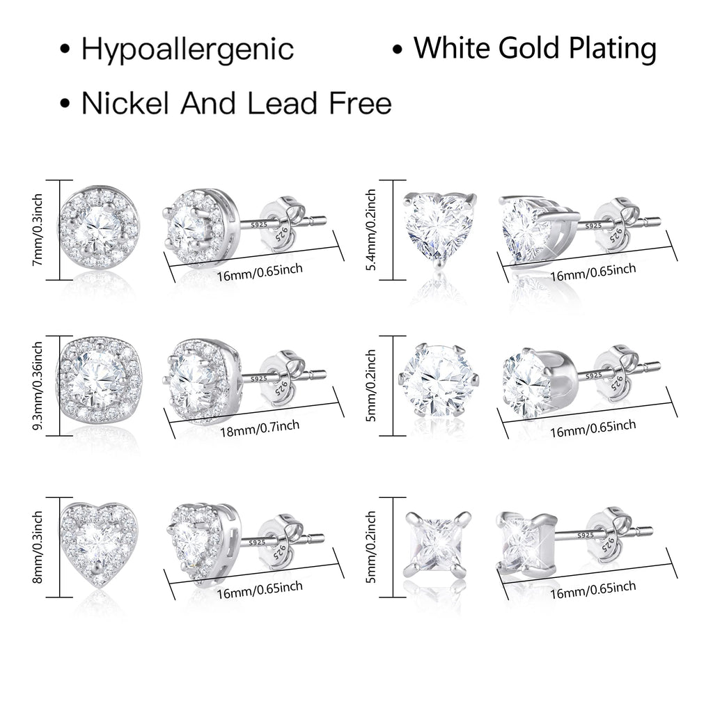 ALEXCRAFT Silver Stud Earrings for Women, Sterling Silver Cubic Zirconia Halo Stud Earrings Set Round Heart Square Diamond Studs Valentines Earrings Pack, 6 Pairs
