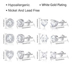 ALEXCRAFT Silver Stud Earrings for Women, Sterling Silver Cubic Zirconia Halo Stud Earrings Set Round Heart Square Diamond Studs Valentines Earrings Pack, 6 Pairs