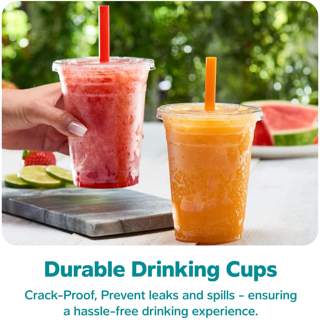 GUSTO [16 oz. - 100 Count Clear Cups with Flat Lids & Straws - Disposable Clear Drinking Cups for Iced Coffee, Cold Drinks, Milkshakes, and Smoothies - Formerly Comfy Package