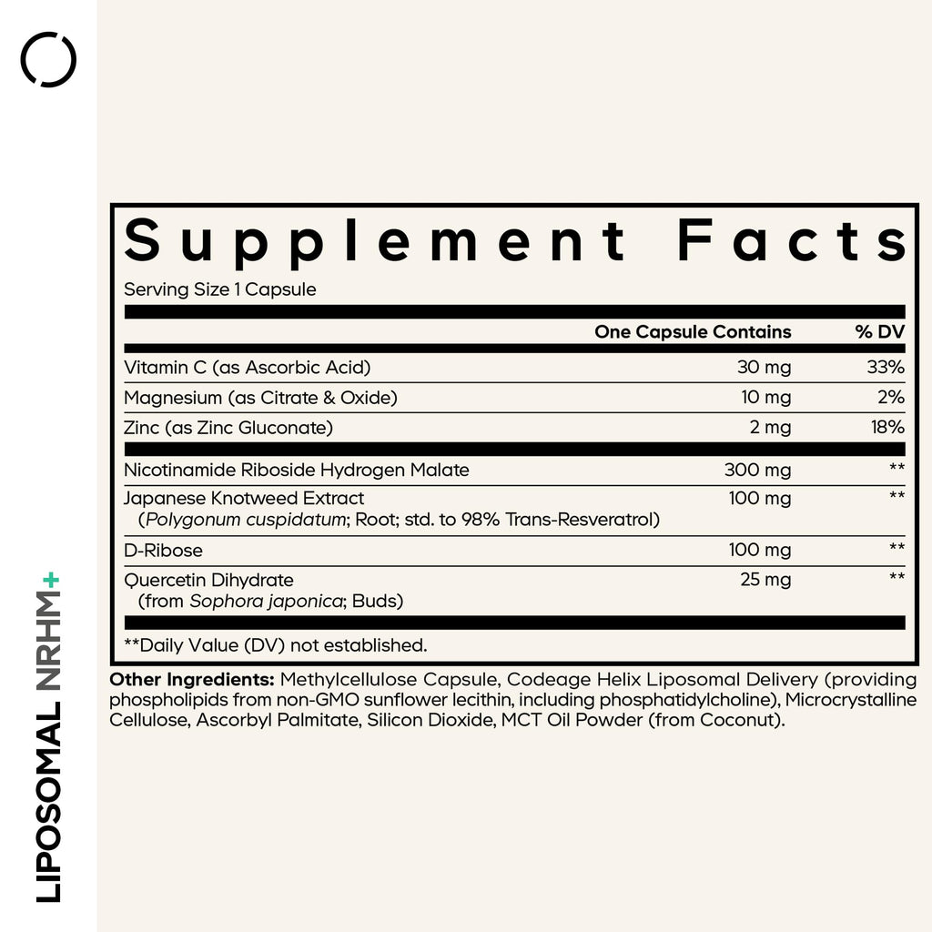 Codeage Liposomal NRHM+ Supplement - NRH Hydrogen Malate 300 mg, Resveratrol, D-Ribose & Quercetin - Vitamin C, Magnesium & Zinc - Liposomal Delivery - Non-GMO - 60 Capsules