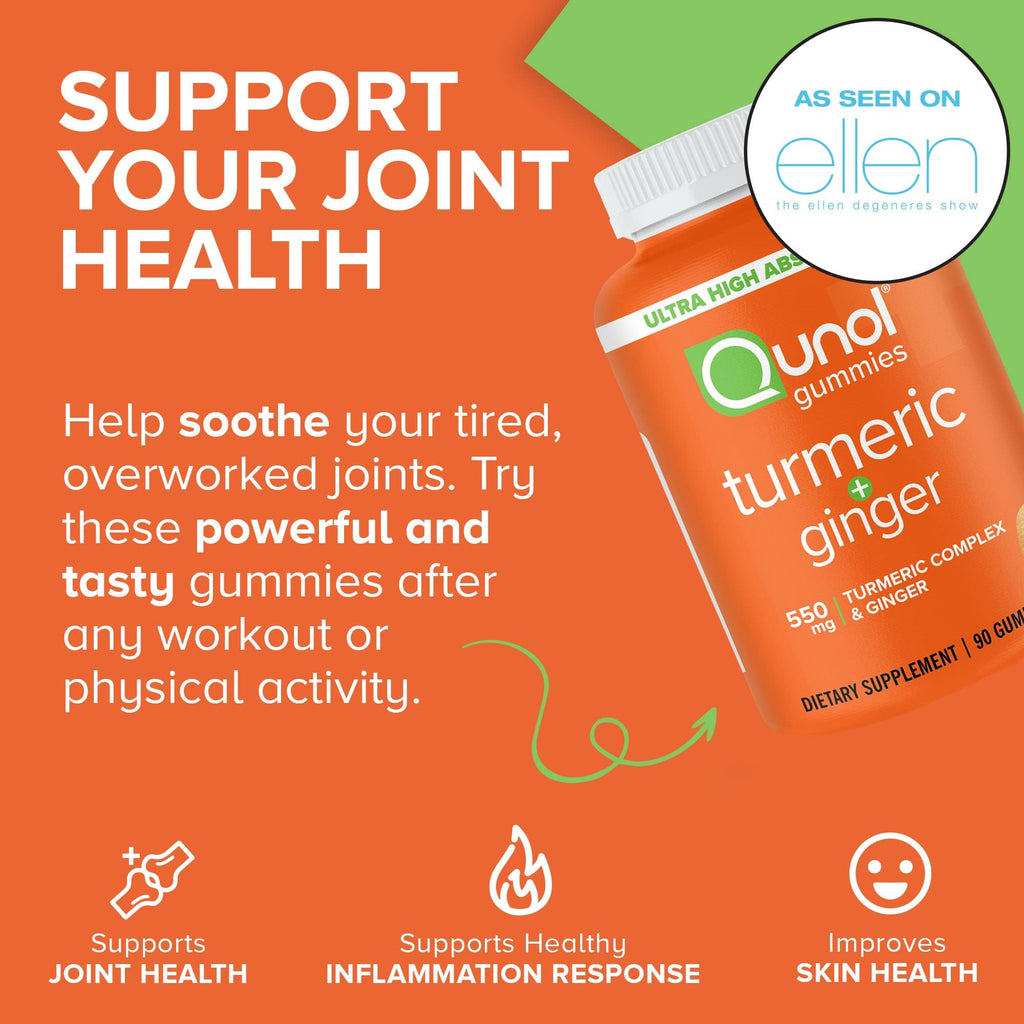 Qunol Turmeric and Ginger Gummies - Joint Support Supplement with Ultra High Absorption, 90 Count Vegan and Gluten Free Gummies